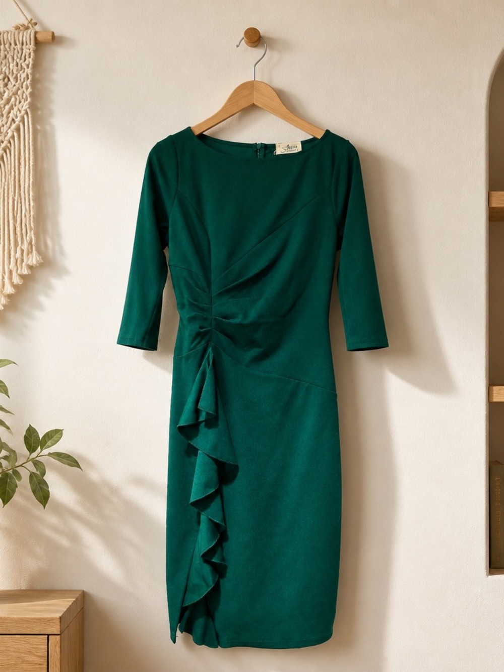AISIZE Dark Green Ruched Sheath Dress Asymmetric Ruffle 3/4 Sleeve Small NWT - Picture 6 of 16